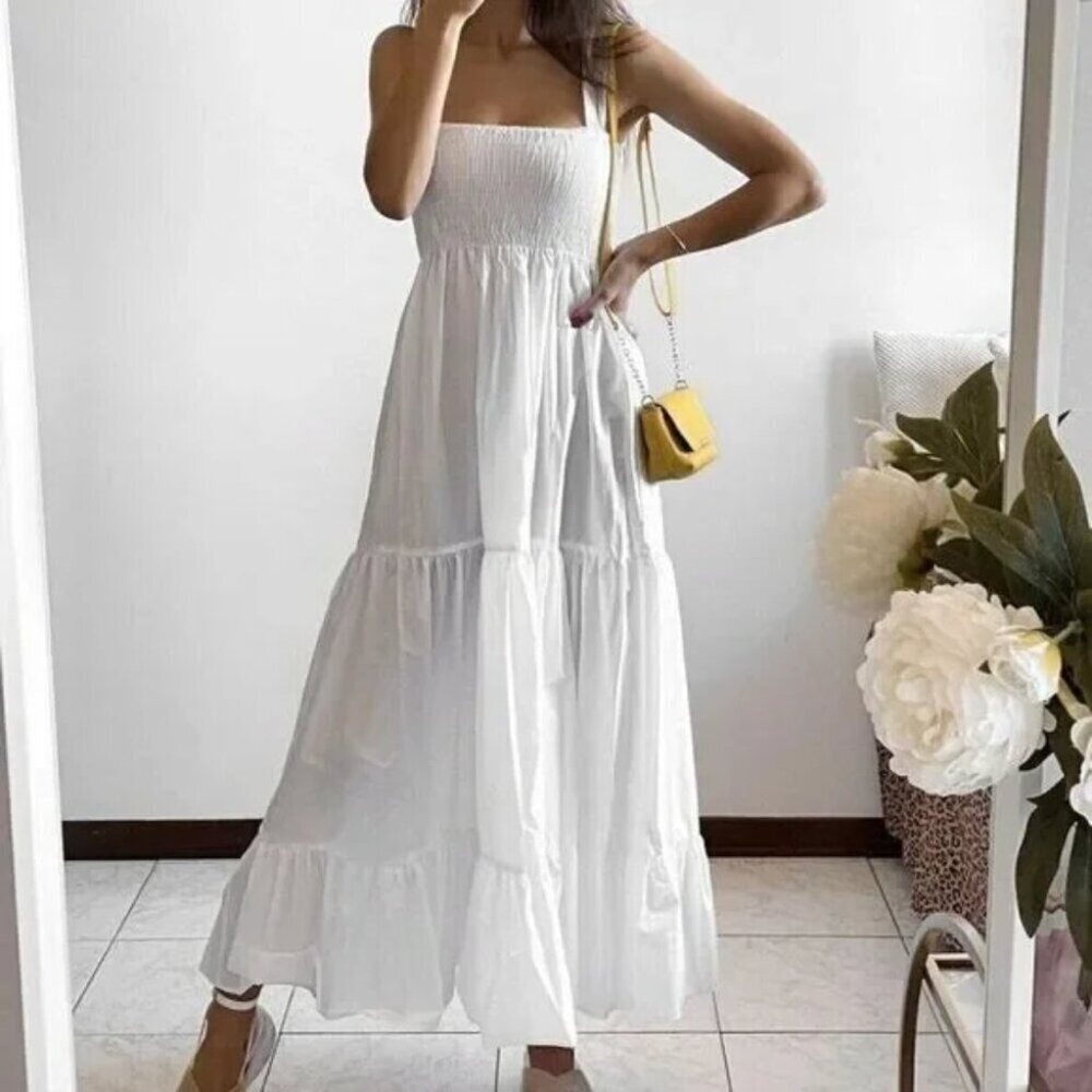 Zara Voluminous Cotton Poplin Maxi Dress Nwt Smocked White Size Medium